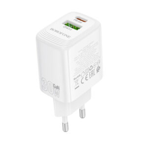 R06 Borofone - Wall Charger Fuente (BN29) - Dual Port, USB + Type-C, PD30W, QC3.0, GaN Technology - White