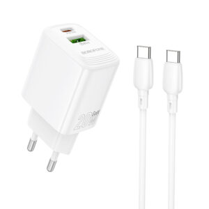 R06 Borofone - Wall Charger Fuente (BN27) - USB-C Cable Included, USB + USB-C, PD20W, QC3.0, GaN Technology - White