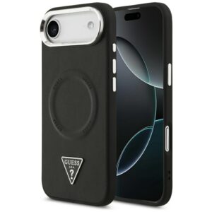 Guess Case Magsafe PU Leather Case With Triangle Logo Silver Metal Camera Frame For iPhone 17 Air Black