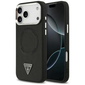 Guess Case Magsafe PU Leather Case With Triangle Logo Silver Metal Camera Frame For iPhone 17 Pro Black