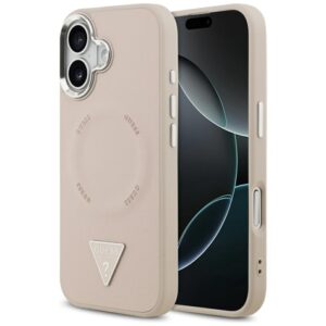 Guess Case Magsafe PU Leather Case With Triangle Logo Silver Metal Camera Frame For iPhone 17 Pink