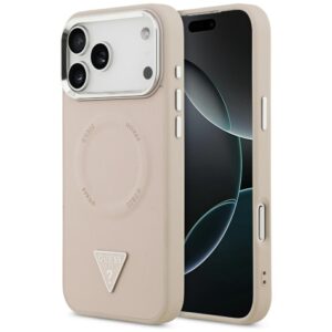 Guess Case Magsafe PU Leather Case With Triangle Logo Silver Metal Camera Frame For iPhone 17 Pro Pink