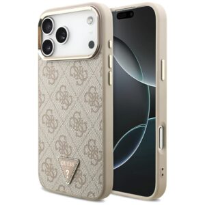 Guess Case Magsafe 4G PU Leather Case With Triangle Logo And Gold Metal Camera Frame For iPhone 17 Pro Max Pink