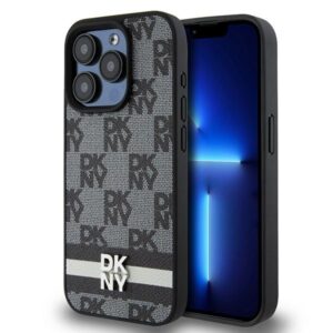 DKNY Leather Checkered Mono Pattern & Printed Stripes iPhone 15 Pro Case - Black