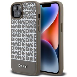 DKNY Leather Printed Pattern Metal Logo MagSafe Case for iPhone 15 / 14 / 13 - Brown