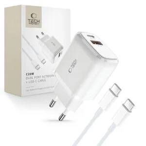 Tech-Protect C20W USB-C PD 20W / USB-A QC 3.0 charger with USB-C / USB-C cable - white