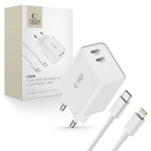 Tech-Protect C35W 2x USB-C PD 35W Wall Charger with USB-C / Lightning Cable - White