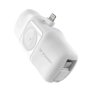 Wozinsky WF16-YLS 5000mAh 15W Lightning Mini Power Bank with Built-in USB-C Cable and Apple Watch Charger - White