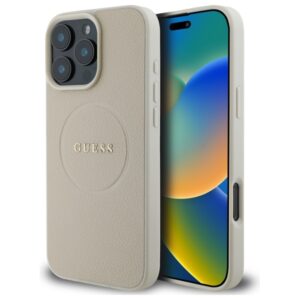Guess Grained Gold Ring MagSafe Case for iPhone 16 Pro Max - Beige