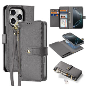 Dux Ducis Lawa iPhone 16 Pro Leather Case with Detachable Magnetic Wallet - Gray