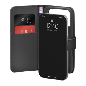 Puro Wallet Stand Case for iPhone 17 Pro / 18 Pro Made of Eco-Leather, with a Flap, Wallet, and Stand Function - Black