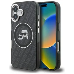 Karl Lagerfeld IML Glitter Karl & Choupette Heads Logo MagSafe Case for iPhone 16 - Black