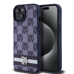 DKNY PU Leather Checkered Pattern and Stripe Case for iPhone 15 Blue