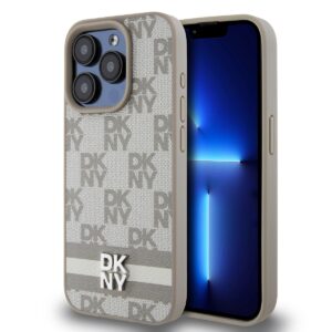 DKNY PU Leather Checkered Pattern and Stripe Case for iPhone 14 Pro Beige