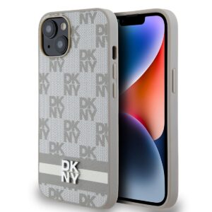 DKNY PU Leather Checkered Pattern and Stripe Case for iPhone 14 Beige