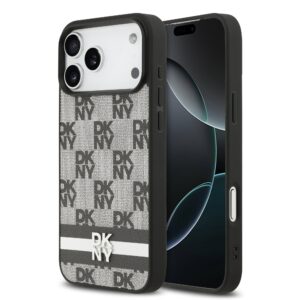 DKNY PU Leather Checkered Pattern and Stripe Case for iPhone 17 Pro Max Black