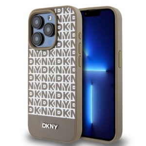 DKNY PU Leather Repeat Pattern Bottom Stripe MagSafe Case for iPhone 14 Pro Brown