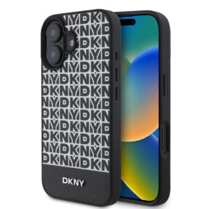 DKNY PU Leather Repeat Pattern Bottom Stripe MagSafe Case for iPhone 16 Plus Black