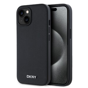 DKNY PU Leather Silver Metal Logo Magsafe Case for iPhone 14 Black