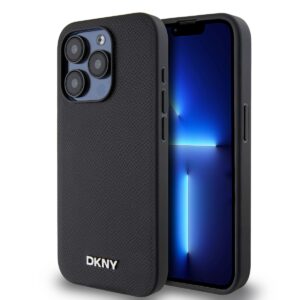 DKNY PU Leather Silver Metal Logo Magsafe Case for iPhone 15 Pro Black