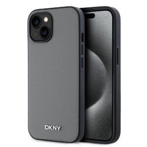 DKNY PU Leather Silver Metal Logo Magsafe Case for iPhone 14 Grey