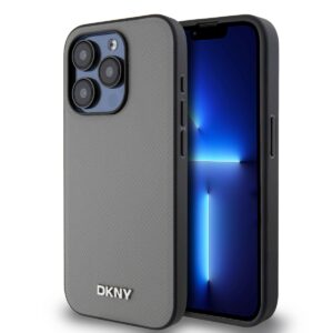 DKNY PU Leather Silver Metal Logo Magsafe Case for iPhone 15 Pro Grey