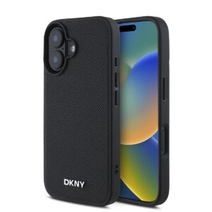 DKNY PU Leather Silver Metal Logo Magsafe Case for iPhone 16 Plus Black