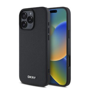 DKNY PU Leather Silver Metal Logo Magsafe Case for iPhone 16 Pro Black