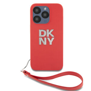 DKNY PU Leather Stack Logo Wrist Strap Case for iPhone 14 Pro Red