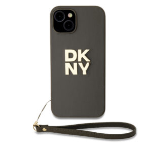 DKNY PU Leather Stack Logo Wrist Strap Case for iPhone 14 Brown