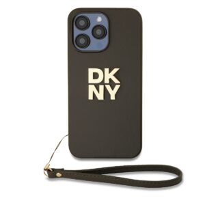 DKNY PU Leather Stack Logo Wrist Strap Case for iPhone 15 Pro Brown