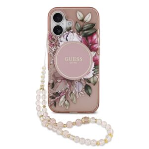 Guess IML Flowers Strap MagSafe Case for iPhone 17 Pink