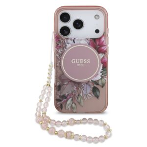 Guess IML Flowers Strap MagSafe Case for iPhone 17 Pro / 18 Pro Pink
