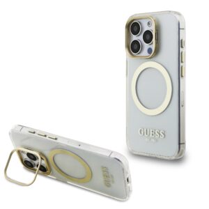Guess IML Gold Outline Stand Camera Frame MagSafe Case for iPhone 15 Pro Transparent