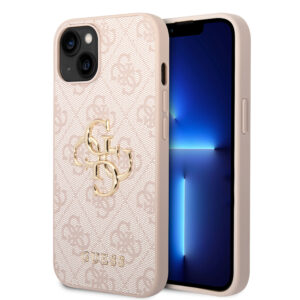 Guess PU 4G Metal Logo Case for iPhone 15 Pink
