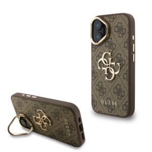 Guess PU 4G Metal Logo Stand Camera Frame Case for iPhone 16 Brown