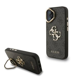 Guess PU 4G Metal Logo Stand Camera Frame Case for iPhone 16 Black