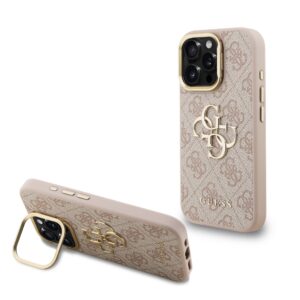 Guess PU 4G Metal Logo Stand Camera Frame Case for iPhone 15 Pro Pink
