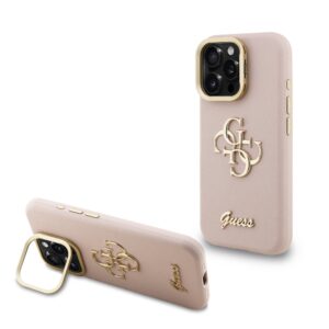 Guess PU Grained 4G Logo Stand Camera Frame Case for iPhone 15 Pro Pink