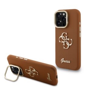 Guess PU Grained 4G Logo Stand Camera Frame Case for iPhone 15 Pro Brown