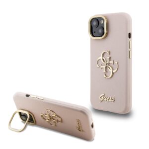 Guess PU Grained 4G Logo Stand Camera Frame Case for iPhone 15 Pink