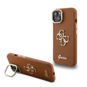 Guess PU Grained 4G Logo Stand Camera Frame Case for iPhone 14 Brown