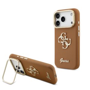 Guess PU Grained 4G Logo Stand Camera Frame Case for iPhone 17 Pro / 18 Pro Brown
