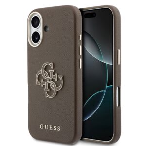 Guess PU Grained 4G Resin Metal Logo Case for iPhone 17 Brown