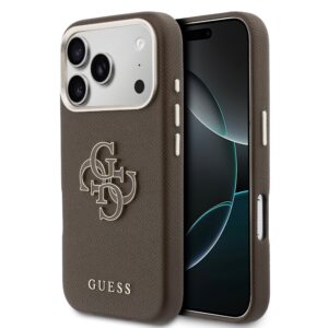 Guess PU Grained 4G Resin Metal Logo Case for iPhone 17 Pro Max Brown