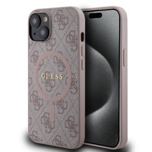 Guess PU Leather 4G Colored Ring MagSafe Case for iPhone 14 Pink