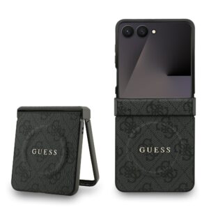 Guess PU Leather 4G Colored Ring Magnetic Case for Samsung Galaxy Z Flip 7 Black