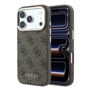 Guess PU Leather 4G Gold Frame MagSafe Case for iPhone 18 Pro Brown