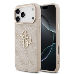 Guess PU Leather 4G Metal Logo Gold Frame Case for iPhone 17 Pro Max Pink