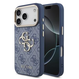 Guess PU Leather 4G Metal Logo Gold Frame Case for iPhone 18 Pro Blue
